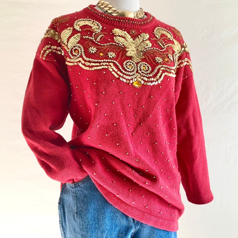Vintage 80s Red Gold Sequin Sweater Size L